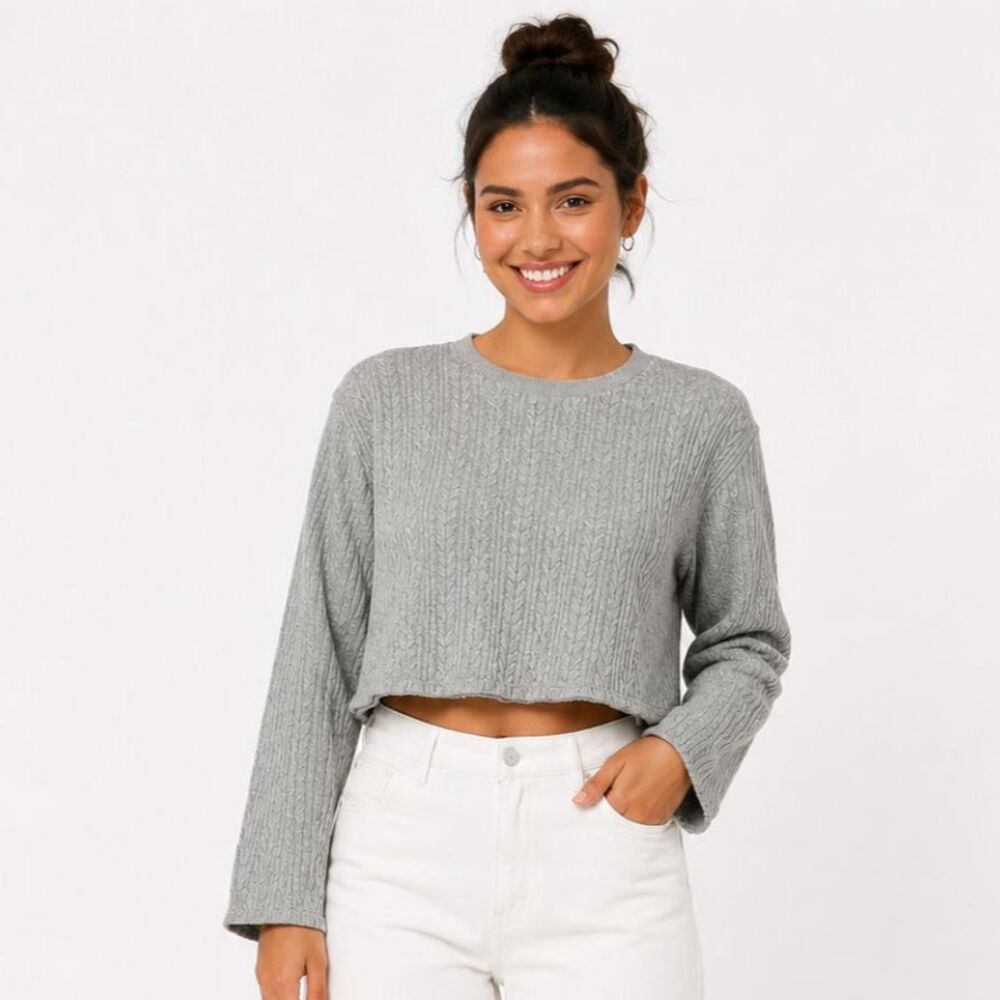ZARA Gray Cropped Cable-Knit Sweater Sz M